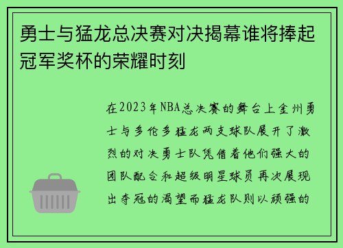 勇士与猛龙总决赛对决揭幕谁将捧起冠军奖杯的荣耀时刻