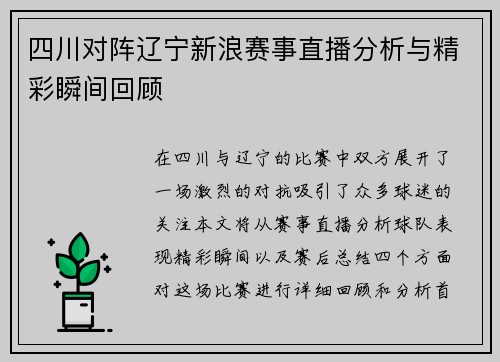 四川对阵辽宁新浪赛事直播分析与精彩瞬间回顾